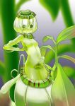  1girl alraune blurry blurry_background breasts brown_eyes closed_mouth depth_of_field green_hair green_skin grey_background hand_up highres looking_at_viewer monster_girl navel nijitama_shiyushiyu nude original pitcher_plant plant plant_girl short_hair small_breasts smile solo 