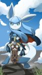  blue_dress blue_sky cape closed_mouth clothed_pokemon cloud cloudy_sky commentary commission cosplay dress english_commentary fire_emblem fire_emblem_awakening full_body gen_4_pokemon gen_6_pokemon glaceon harlequinwaffles highres holding holding_pokemon honedge lucina_(fire_emblem) lucina_(fire_emblem)_(cosplay) no_humans outdoors pokemon pokemon_(creature) rock sky smile sparkle standing 