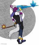  2020 absurd_res anthro black_sclera clothed clothing crossover digital_media_(artwork) disney dragon fur furred_dragon hair hi_res horn keyblade kingdom_hearts looking_at_viewer male mammal melee_weapon prisma_faerdo prismanoodle_(artist) purple_body purple_fur simple_background smile solo solo_focus square_enix standing video_games weapon white_background white_body white_fur 