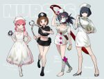  4girls :d alternate_costume apron ariorihaberi arm_up background_text bandaged_leg bandages bangs black_footwear black_hair black_headwear black_skirt blue_eyes blunt_bangs blunt_ends bob_cut bomb breasts brown_eyes brown_hair catch_me_if_you_can closed_mouth collared_dress collared_shirt commentary_request cosplay cropped_shirt dated dress english_text expressionless eyebrows_visible_through_hair eyepatch flats gloves green_background hand_on_hip hat high_heels holding jakuzure_nonon kill_la_kill kiryuuin_satsuki light_frown long_dress looking_at_another looking_at_viewer low_twintails mankanshoku_mako mary_janes mask matoi_ryuuko medium_breasts medium_hair megaphone microdress microskirt midriff mouth_mask multicolored_hair multiple_girls navel no_legwear nudist_beach_uniform nurse_cap open_mouth pantyhose parted_lips pencil_skirt pink_eyes pink_hair pink_headwear pliers ponytail scissor_blade shirt shoes short_dress short_hair short_sleeves skirt skull_and_crossbones skullgirls smile standing standing_on_one_leg streaked_hair striped striped_dress striped_headwear twintails twitter_username valentine_(skullgirls) valentine_(skullgirls)_(cosplay) vertical_stripes white_apron white_dress white_footwear white_gloves white_headwear white_legwear 