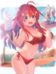  1girl ahoge bangs bare_shoulders beach bikini blue_eyes blurry blurry_background blush breasts chromatic_aberration cleavage collarbone commentary_request cowboy_shot expressive_hair eyebrows_visible_through_hair food go-toubun_no_hanayome groin hair_between_eyes hair_ornament highres holding holding_food ice_cream large_breasts light_rays long_hair looking_at_viewer midriff nakano_itsuki navel open_mouth red_bikini red_hair side-tie_bikini sidelocks slime07 soft_serve solo sparkle standing star_(symbol) star_hair_ornament sunbeam sunlight swimsuit w_arms wavy_mouth 