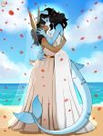  3:4 anthro beach blush breasts clothing dress duo female female/female fish fur hi_res kissing marine married_couple seaside shark tutifruti_(artist) wedding wedding_dress white_clothing 