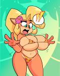  ! absurd_res accessory activision anthro bandicoot big_breasts blonde_hair bouncing_breasts breast_expansion breasts coco_bandicoot countershade_fur countershading crash_bandicoot_(series) explosives female flower flower_in_hair fur green_eyes grimphantom hair hair_accessory hi_res huge_breasts mammal marsupial orange_body orange_fur plant ponytail solo surprise tan_body tan_countershading tan_fur tnt video_games 