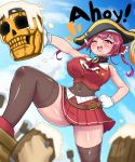  1girl bangs bare_shoulders beer_mug cup eyebrows_visible_through_hair foam gloves hat highres houshou_marine mug open_mouth pirate_hat q_kotetsu red_eyes red_hair ribbon skirt skull sky smile tankard thighhighs twintails virtual_youtuber 