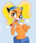  activision anthro bandicoot blonde_hair bracelet breasts clothed clothing clothing_lift coco_bandicoot crash_bandicoot_(series) eyewear fangs female goggles goggles_on_head hair jewelry mammal marsupial nipples open_mouth open_smile presenting presenting_breasts shirt shirt_lift simple_background small_breasts smile solo sooperman topwear video_games 