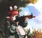  1girl animal_ear_fluff animal_ears bigcat_114514 black_bow bow braid cat_ears cat_tail chinese_commentary cloud commentary_request dress extra_ears frilled_dress frilled_sleeves frills grass green_dress gun hair_bow highres holding holding_gun holding_weapon juliet_sleeves kaenbyou_rin long_hair long_sleeves one_eye_closed pointy_ears puffy_sleeves red_eyes red_hair scope solo tail touhou twin_braids walkie-talkie weapon weapon_request 