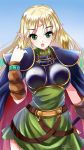  1girl bangs belt blonde_hair blush breasts cape cosplay cowboy_shot dated deedlit deedlit_(cosplay) dress elf eyebrows_visible_through_hair green_dress green_eyes long_hair looking_at_viewer medium_breasts open_mouth original parted_bangs pointy_ears shoulder_armor solo sword sword_behind_back weapon yamaguchi_yuu 