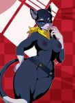  anthro atlus breasts crossgender domestic_cat felid feline felis female geeflakes genitals hi_res looking_at_viewer mammal megami_tensei megami_tensei_persona morgana_(persona) mostly_nude navel nipples pussy solo video_games 