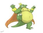  2020 absurd_res anthro belly big_belly canson cape claws clothing crocodilian crown donkey_kong_(series) fangs green_body hi_res jewelry king_k._rool kremling male navel nintendo nipple_piercing nipples overweight pecs piercing reptile scalie sharp_teeth solo teeth video_games yellow_body 