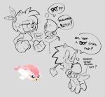  absurd_res amy_rose anthro bodily_fluids butt cashumeru chao_(sonic) cross-popping_vein dialogue english_text eulipotyphlan female hedgehog hi_res humor insult male mammal marine pinniped profanity seal sketch sonic_the_hedgehog sonic_the_hedgehog_(series) sweat sweatdrop text vein 
