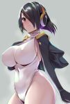  1girl amasora_taichi black_hair breasts closed_mouth covered_navel covered_nipples emperor_penguin_(kemono_friends) hair_over_one_eye hand_on_own_chest headphones highleg highleg_leotard hood hoodie jacket kemono_friends large_breasts leotard long_hair looking_at_viewer multicolored_hair simple_background smile solo standing white_leotard 