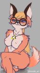  9:16 anthro breasts canid canine cheek_tuft eyewear facial_tuft female fox fur glasses hair linux mammal multicolored_body multicolored_fur nude orange_body orange_fur pinup pinup_pose ponytail pose sitting solo tenzide trans_(lore) trans_woman_(lore) tuft tux_the_penguin xenia_(linux_fox) 