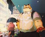  2020 anthro arufina_w belly bottomwear canid canine clothing detailed_background duo felid hi_res hoodie humanoid_hands kemono male mammal outside overweight overweight_male pantherine pants raining shirt shorts tiger topwear umbrella wet 