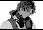  1boy ahoge bangs bartholomew_roberts_(fate/grand_order) black_gloves blue_eyes bluespeaker bracelet close-up dark_skin dark_skinned_male eyebrows_visible_through_hair fate/grand_order fate_(series) fur_collar gloves greyscale half_gloves jewelry looking_at_viewer male_focus monochrome multicolored_hair parted_bangs partially_colored serious solo two-tone_hair upper_body white_background white_gloves 