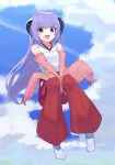  1girl :d bangs blue_sky brown_eyes cloud condensation_trail day detached_sleeves eyebrows_visible_through_hair flying full_body hakama hanyuu highres higurashi_no_naku_koro_ni horns japanese_clothes long_hair looking_at_viewer miko open_mouth purple_hair red_hakama sidelocks sky smile solo tabi usuaji v_arms 