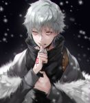  1boy anastasia_(fate/grand_order) bangs biting cape close-up command_spell fate/grand_order fate_(series) fur_coat hand_on_own_chest holding kadoc_zemlupus long_sleeves looking_to_the_side male_focus nail_biting silver_hair snowing solo upper_body yellow_eyes yoshio_(55level) 