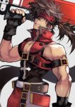  1boy bara bare_shoulders belt biceps brown_hair chest collar covered_abs fingerless_gloves gloves guilty_gear hair_over_one_eye headband highres long_hair looking_at_viewer male_focus manly muscle open_clothes pants pectorals ponytail simple_background sleeveless smile sol_badguy solo spiked_hair sword upper_body weapon yellow_eyes yoshio_(55level) 