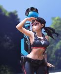  1girl absurdres armpits backpack bag belt black_hair blue_sky blurry blurry_background bo_xun_lin camera commentary_request cowboy_shot day glasses highres long_hair navel original outdoors ponytail sky solo sports_bra tree 