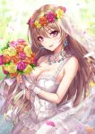  1girl ahoge bouquet breasts bridal_veil bride brown_hair cleavage covered_navel dress earrings eyebrows_visible_through_hair flower hair_between_eyes head_wreath highres holding holding_bouquet jewelry large_breasts long_hair looking_at_viewer necklace original petals purple_eyes sakiyamama solo veil 