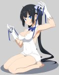  1girl armpits bare_legs barefoot black_hair blue_eyes breasts covered_navel dress dungeon_ni_deai_wo_motomeru_no_wa_machigatteiru_darou_ka gloves hestia_(danmachi) long_hair pencil_dress rei_no_himo salpin seiza simple_background sitting solo tongue tongue_out white_dress white_gloves 