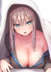  1girl :o black_shirt blanket blue_eyes bra breasts brown_hair cleavage collarbone large_breasts long_hair long_sleeves looking_at_viewer lying off_shoulder on_stomach open_mouth original reinama shirt solo strap_slip sweat under_covers underwear white_bra 