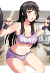  1girl baek_hyang&#039;geum bang_dream! bangs bare_shoulders blurry blurry_background blush breasts character_name cleavage eyebrows_visible_through_hair gym_shorts highres looking_at_viewer medium_breasts midriff navel open_mouth purple_eyes roselia_(bang_dream!) shirokane_rinko shorts sports_bra weightlifting wristband 