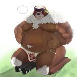  1:1 2020 anhrmgzo anthro belly black_nose brown_body brown_fur clothing duo facesitting fur hi_res humanoid_hands kemono kimun_kamui_(tas) loincloth male mammal moobs navel nipples overweight overweight_male tokyo_afterschool_summoners ursid video_games 