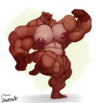 2020 5_fingers abs anthro barefoot biceps big_muscles biped black_nose bodily_fluids brown_body brown_fur canid canine digital_media_(artwork) fingers flexing front_view full-length_portrait fur hi_res huge_muscles hyper hyper_muscles looking_at_viewer male mammal multicolored_body multicolored_fur muscular muscular_male nipples nude on_one_leg pecs pink_nipples portrait quads raccoon_dog signature solo standing tan_body tan_fur tanuki two_tone_body two_tone_fur uniparasite 