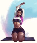  1girl arms_behind_head arms_up black_hair breasts commentary dark_skin earrings gradient_hair highres hoop_earrings jeremy_anninos jewelry lips lipstick looking_down makeup midriff multicolored_hair navel purple_eyes purple_hair reyna_(valorant) seiza shorts sitting solo thick_thighs thighs valorant 