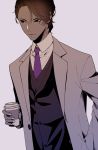  1boy alternate_costume alternate_hairstyle arjuna_(fate/grand_order) bangs black_eyes brown_hair collared_shirt cup dark_skin dark_skinned_male disposable_cup fate/grand_order fate_(series) formal gradient_hair hair_between_eyes hand_in_pocket highres hukahire0313 jacket jewelry looking_to_the_side male_focus multicolored_hair necktie purple_neckwear shiny shiny_hair shirt simple_background smile solo upper_body vest white_shirt 