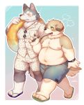  2020 anthro belly blush bottomwear canid canine canis clothing domestic_dog duo eyes_closed footwear hi_res kemono male male/male mammal moobs navel nipples overweight overweight_male ponpo_ko5 sandals shirt shorts topwear 