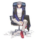  1boy belt black_jacket blue_legwear chair cherico closed_mouth coin copyright_request grey_hair jacket male_focus money multicolored multicolored_clothes office_chair original purple_eyes red_footwear simple_background sitting smile socks solo white_background zipper zipper_pull_tab 