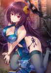  1girl bare_shoulders bracelet breasts chain china_dress chinese_clothes cleavage cleavage_cutout collarbone dress emanon123 eyebrows_visible_through_hair fate/grand_order fate_(series) flower hair_between_eyes hair_flower hair_ornament highres jewelry large_breasts long_hair looking_at_viewer navel navel_cutout purple_hair red_eyes red_nails scathach_(fate)_(all) scathach_(fate/grand_order) smile solo thighhighs very_long_hair yellow_flower 