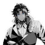  1boy ahoge bangs bartholomew_roberts_(fate/grand_order) blue_eyes bluespeaker collar cross cross_necklace dark_skin dark_skinned_male eyebrows_visible_through_hair fate/grand_order fate_(series) frilled_shirt_collar frills fur_collar greyscale jewelry looking_at_viewer male_focus monochrome multicolored_hair necklace partially_colored smile solo two-tone_hair upper_body white_background 