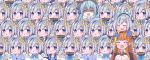  6+girls ahoge amane_kanata angel_wings armband bangs blonde_hair blue_bow blue_eyes blue_hair blue_headwear blue_shirt blush bow braid breasts cleavage clone closed_eyes dragon_horns eyebrows_visible_through_hair fang grey_headwear hair_between_eyes hair_ornament hairband hand_on_head highres hololive horn_bow horns hoshimachi_suisei jacket jewelry kiryuu_coco kukie-nyan large_breasts long_hair long_sleeves magical_girl multicolored_hair multiple_girls one_side_up open_clothes open_jacket open_mouth orange_hair petting pointy_ears puffy_short_sleeves puffy_sleeves purple_eyes sailor_collar school_uniform shirt short_hair short_sleeves silver_hair single_braid skin_fang smile two-tone_hair virtual_youtuber white_background white_sailor_collar white_shirt wing_collar wings 