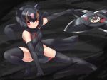  1girl animal_ears bangs bare_shoulders black_dress black_footwear black_gloves black_hair black_legwear black_scarf breasts brown_hair character_request china_dress chinese_clothes dress elbow_gloves full_body fuuma_shuriken gloves hair_between_eyes highres kemono_friends looking_at_viewer medium_breasts multicolored_hair pink_hair red_eyes scarf shoes shuriken solo streaked_hair tadano_magu tail thighhighs 