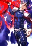  1boy armor bad_hands blue_hair blurry blurry_background bodysuit covered_abs cu_chulainn_(fate)_(all) earrings fate/grand_order fate/stay_night fate_(series) fighting_stance gae_bolg glowing glowing_weapon highres holding holding_weapon jewelry lancer long_hair long_sleeves looking_at_viewer male_focus pauldrons polearm ponytail red_eyes shoulder_armor solo spear teeth tight upper_body weapon yoshio_(55level) 