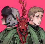  2boys ace_combat ace_combat_zero blue_eyes brown_hair cipher_(ace_combat) collar commentary demon dog emblem highres larry_foulke looking_afar multiple_boys open_mouth patch pilot pilot_helmet pilot_suit pointy_ears red_eyes shaded_face sharp_teeth spiked_collar spikes tail takato15_c teeth tongue yellow_eyes 
