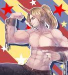  1boy abs alternate_hairstyle beard belt biceps blonde_hair chain chest closed_mouth collarbone cuffs cup dark_nipples denim eyebrows facial_hair flexing genderswap genderswap_(ftm) high_ponytail holding horns hoshiguma_yuugi jeans long_hair looking_at_viewer male_focus muscle navel nipples oni pants pectorals pointy_ears pose red_eyes sakazuki shackles shirtless sidelocks sideways_glance single_horn slit_pupils smile solo stomach sunyup touhou veins 