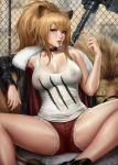  1girl 2020 absurdres animal_ears areolae arknights artist_name bangs black_choker breasts brown_eyes brown_hair candy chain-link_fence choker collarbone cutoffs fence food highres holding_lollipop large_areolae large_breasts lion lion_ears lion_girl lion_tail lips lollipop long_hair looking_at_viewer nipples paid_reward parted_lips patreon_reward ponytail sciamano240 shiny shiny_skin shirt siege_(arknights) signature sitting solo spread_legs tail war_hammer weapon 