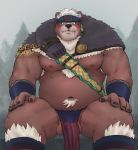  2020 anthro balls belly bulge chizo clothing genitals hi_res kimun_kamui_(tas) loincloth male mammal moobs navel nipples overweight overweight_male sitting solo tokyo_afterschool_summoners ursid video_games 