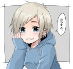  1girl blonde_hair blue_eyes blush earrings fang grin hood hoodie jessica_(roku_kyuu) jewelry original platinum_blonde_hair roku_kyuu short_hair sleeves_past_wrists smile solo translated 