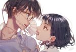  1boy 1girl biting black_hair brown-framed_eyewear cherico ear_piercing earbuds earphones glasses highres lipstick_mark mask mouth_mask original parted_lips piercing purple_eyes red_eyes red_lips short_hair signature simple_background teeth turtleneck upper_body white_background 