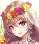  1girl ahoge bridal_veil bride brown_hair earrings eyebrows_visible_through_hair eyelashes face flower hair_between_eyes head_wreath highres jewelry looking_at_viewer necklace original portrait purple_eyes sakiyamama solo veil 