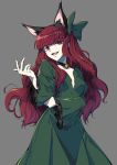  1girl animal_ears bell breasts cat_ears cat_girl cowboy_shot dress frilled_sleeves frills futoumeido grey_background hair_ribbon jingle_bell kaenbyou_rin long_hair looking_at_viewer open_mouth pale_skin red_eyes red_hair ribbon slit_pupils smug solo standing touhou very_long_hair 