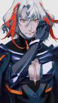  1boy absurdres armor bangs black_armor black_cape blood blood_on_face body_armor cape cleavage_cutout close-up closed_mouth expressionless fate/grand_order fate_(series) gloves highres huge_filesize long_sleeves looking_at_viewer male_focus multicolored_hair odysseus_(fate/grand_order) qmiqun red_hair solo streaked_hair two-tone_hair white_background white_hair wiping_mouth yellow_eyes 