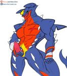  anthro anthrofied bandage bodily_fluids claws dragon fan_character fangs garchomp genital_fluids genitals looking_pleasured male masturbation mega_evolution mega_garchomp muscular muscular_male nintendo open_mouth penis pok&eacute;mon pok&eacute;mon_(species) precum scar simple_background solo spikes standing tongue video_games vipery-07 white_background 