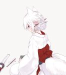  1girl animal_ears cup fan flower fox_ears fox_tail guo582 hair_flower hair_ornament highres holding holding_cup japanese_clothes katana kimono original petals purple_eyes seiza sitting solo sword tail weapon white_hair white_kimono white_theme 