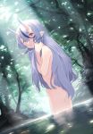 1girl absurdres ass bangs black_hair blush commentary_request day dutch_angle forest from_side highres horns huge_filesize light_rays long_hair looking_at_viewer looking_to_the_side multicolored_hair nature nijisanji nude oni_horns outdoors parted_lips pointy_ears pond purple_eyes purple_hair rindou_mikoto seisei_tamago skin-covered_horns solo streaked_hair sunbeam sunlight tree very_long_hair virtual_youtuber wading water wet 