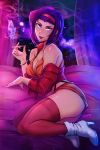  1girl artist_name ass bare_shoulders blue_eyes breasts cigarette cleavage collarbone commentary cowboy_bebop english_commentary faye_valentine hairband high_heels iahfy large_breasts patreon_username purple_hair short_hair short_shorts shorts smoke solo thighhighs twitter_username watermark 